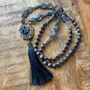 Dark Blue Druzy Tassel Necklace by Nakamol